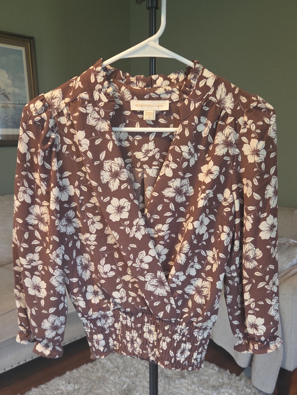 Monteau Brown Floral Long-Sleeve Wrap Blouse